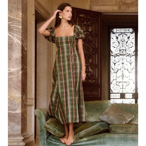 Hill House Dresses & Skirts - Hill House Matilda Dress Green Tartan Plaid Puff Sleeve Midi Size M